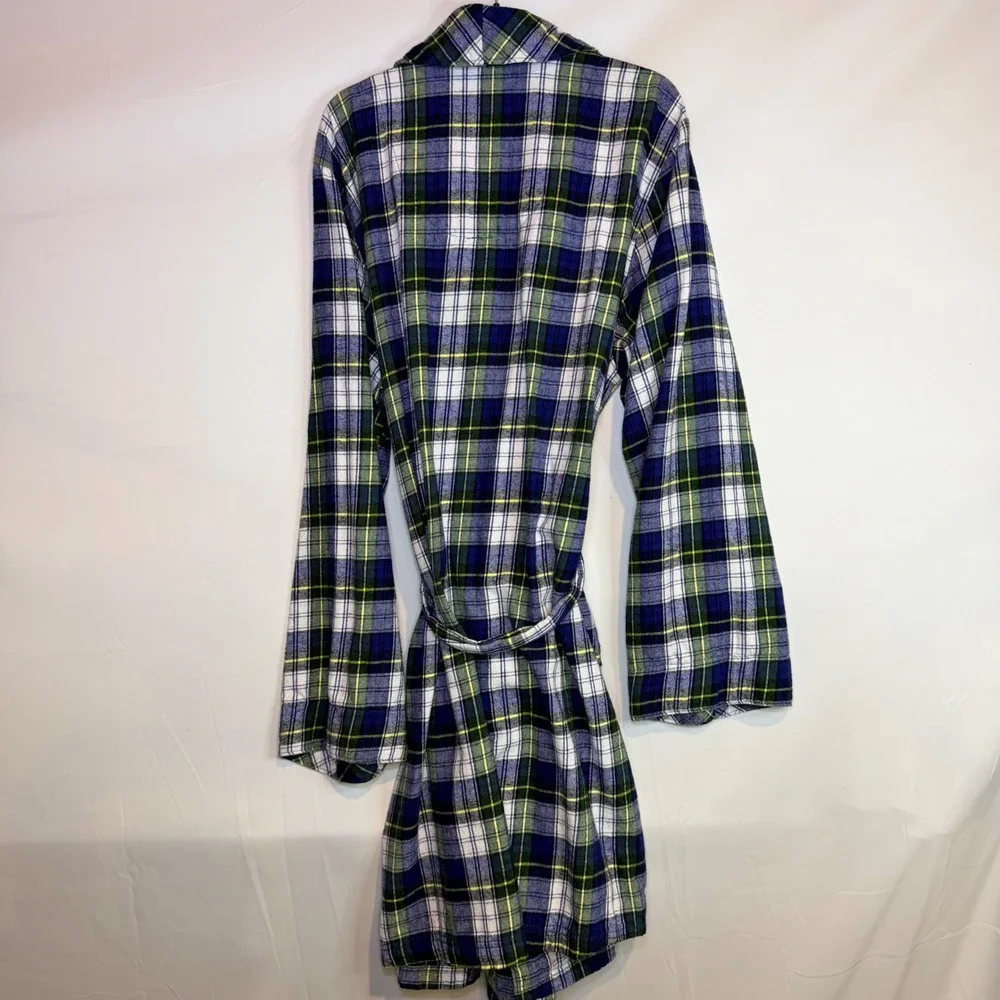 PajamaGram Women Blue Green White Plaid Flannel Robe Medium Large MD/LG